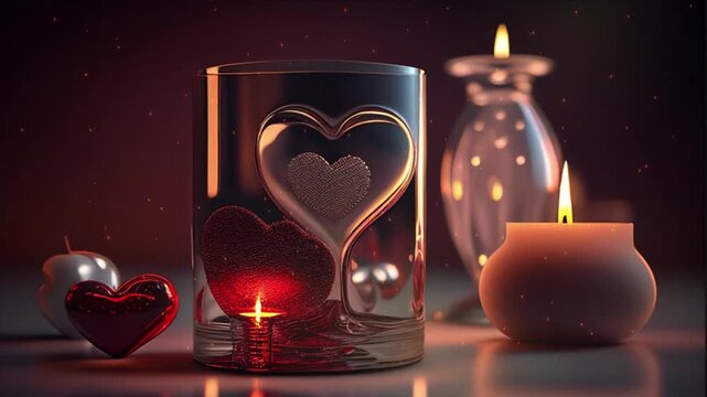 Romantic Valentine's Day Composition with Glass Hearts and Candles in Warm Lighting