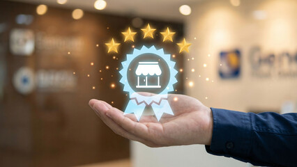 Five star retail store rating, Quality business award seal, Customer satisfaction concept, Best service excellence symbol