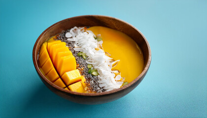 Tropical Smoothie Bowl With Mango Passionfruit And Coconut In Minimalistic Style