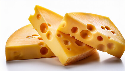 Three Chunks Of Porous Yellow Cheese On Transparent Background