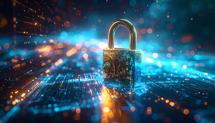Digital Fortress: A radiant, metallic padlock takes center stage, its intricate design mirroring the complex web of digital security that surrounds it.