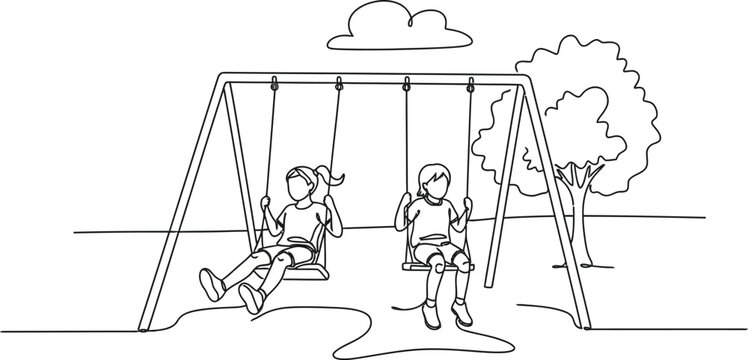  Line drawing of children swing on a swing. vector illustration of two girls happily swing in a park on swing. Minimalist style. 