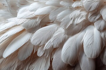 Obraz premium Close-up of many fluffy, soft white feathers layered together tightly. Great texture for backgrounds, representing purity, or heavenly concepts.