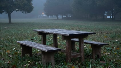 Fototapeta premium Wooden picnic table stands alone in a misty, atmospheric park
