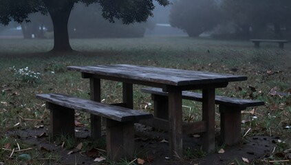 Wooden picnic table stands alone in a hazy park setting on a misty morning