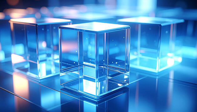 Crystal Cube in Digital Landscape: A trio of luminous crystal cubes, shimmering with digital energy, stands as a symbol of innovation and interconnectedness in a vibrant tech-scape. - Powered by Adobe
