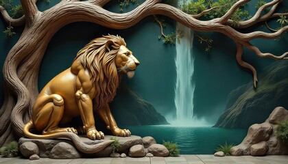 A powerful, golden-maned lion sculpture, intricately carved into rock-like tree roots, gazes towards a flowing waterfall and a mystical, glowing crescent moon in a magical, verdant landscape.