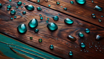 Water Droplets On Dark Brown Wooden Surface With Teal Accents
