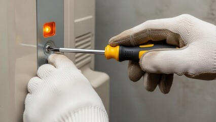 A person is repairing an electrical device with a screwdriver and wearing gloves in a technical setting