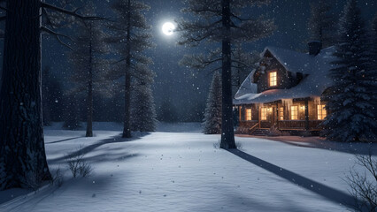 Snowy landscape with cozy cabin lit by moonlight among trees. Suitable for winter holiday designs, greeting cards, and naturethemed projects.