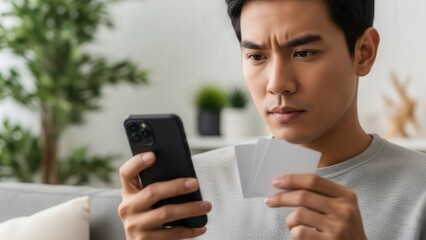 A man holding a card and looking at his phone with a concerned expression in a living room