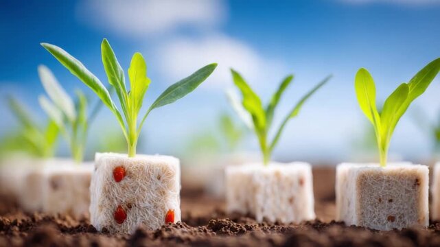 Growth in rows: An overhead view captures the tender new leaves emerging from neatly arranged growing cubes in a cultivated field, evoking a sense of growth.
