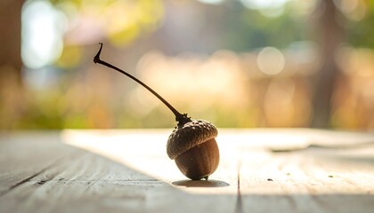 Close-up of a lone acorn on a weathered wooden surface, sunlit