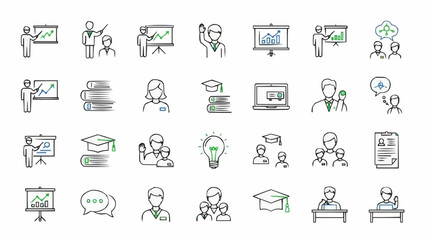 Naklejka premium Doodle style education and learning icons set, hand-drawn vector symbols.