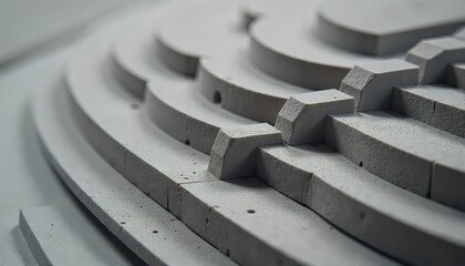 An intricate close-up captures a detailed architectural model, showcasing multiple curved concrete-like layers and geometric steps that create a fascinating three-dimensional abstract design.