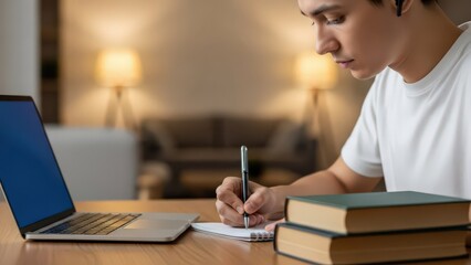 A young man writing notes while sitting at a desk with a laptop and books in a cozy living room environment
