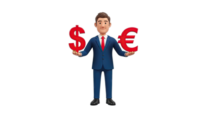 Businessman Holding Dollar and Euro Symbols
