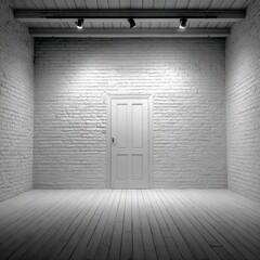 Minimalist white room with door illuminated by spotlights and wooden floor