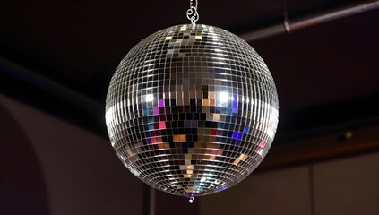 Obraz premium Shiny disco ball hanging from a metal chain in a dark room creates atmosphere