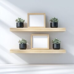 Minimalist wooden shelves with picture frames and potted plants against a white wall