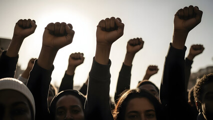 National freedom day celebrations with raised fists isolated on transparent background