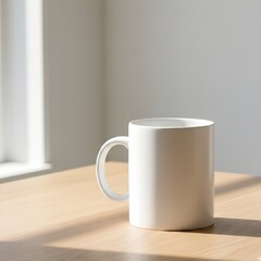 Obraz premium Blank white ceramic mug mockup on wooden table with natural sunlight.