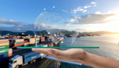 Hand holding a holographic globe with network connections over a bustling shipping port at sunset, symbolizing global logistics and digital transformation.