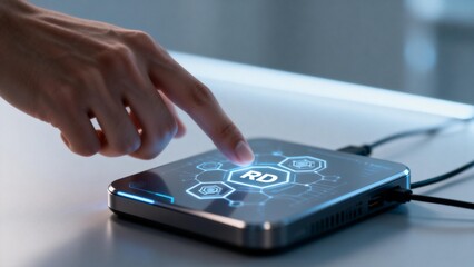 Hand interacting with futuristic touch device