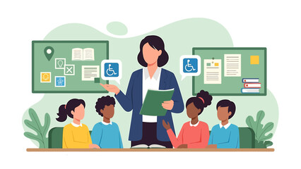 Teacher educating diverse children about accessibility and inclusion.