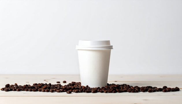 A white disposable coffee cup surrounded by coffee beans on a wooden table against a plain white background - Powered by Adobe