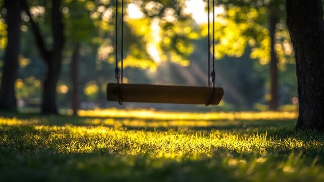 Empty wooden swing bathed in golden sunlight and lens flare in a lush green park