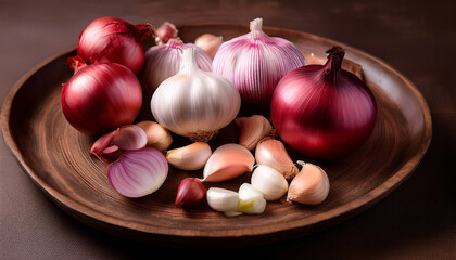 Onion And Garlic Platter A Culinary Composition Featuring A Selection Of Fresh Red Onions And Heads Of Garlic Artfully Arranged On A Rustic Plate