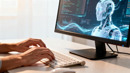 Person typing on keyboard with robot image on screen
