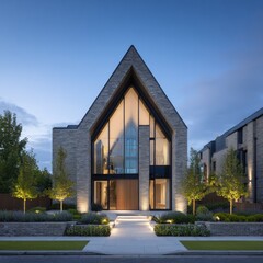 Modern architectural exterior design of luxury house at dusk under a blue sky