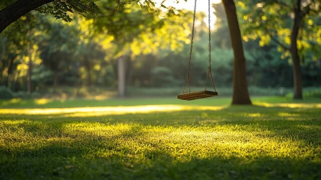 A wooden swing hangs from a sunlit tree over bright green grass in a peaceful park