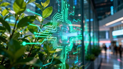 Green plant with digital circuit overlay