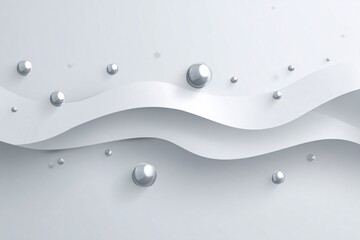 A minimalistic abstract design featuring smooth white waves and reflective silver spheres on a light gray background.