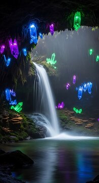 Luminous multifaceted geological formations illuminate a hidden underground waterfall cavern