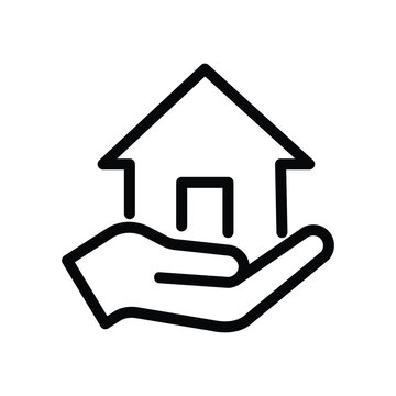 Minimal line icon of a house resting on an open hand symbolizing care protection support and home ownership services