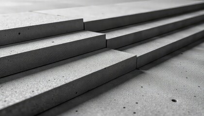 A close-up, monochromatic view captures a series of precisely stacked concrete-like steps or layers, showcasing their rough texture and the crisp shadows cast by strong directional lighting.