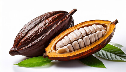 Intricately Capturing Whole And Opened Cacao Pods Alongside Vibrant Isolated Leaves On A Crisp White Background
