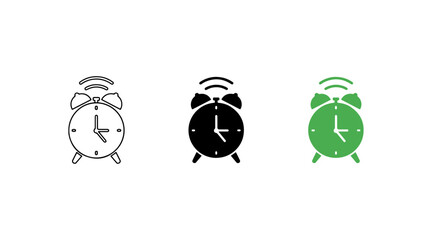 Three alarm clocks in different colors