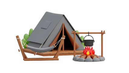 Cartoon Camping Scene with Tent, Hammock, and Campfire
