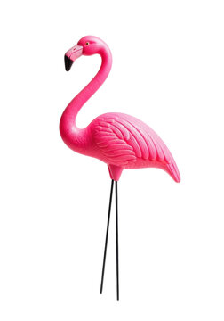 detailed photorealistic macro shot of a brightly saturated neon pink plastic lawn flamingo, standing on black legs, isolated high-key on a white background with copy space, concept of kitsch summer
