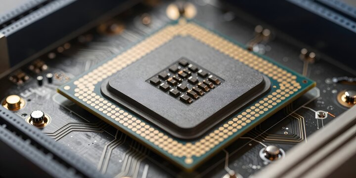 Macro shot of a modern computer processor unit on a motherboard in detail