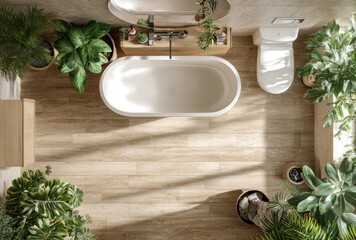 Modern bathroom interior design with bathtub and plants top view concept