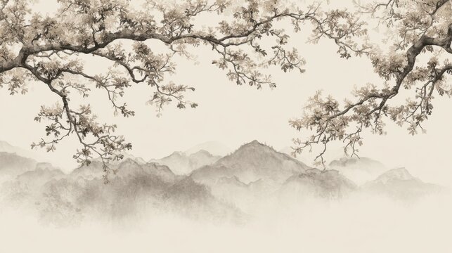 Mountain Landscape with Branch Framing: Capturing a serene mountain landscape through a tree branch in a traditional artistic style. The misty atmosphere suggests tranquility and natural wonder.