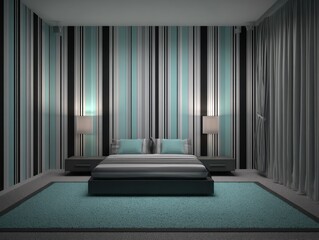 Modern bedroom interior design featuring striped walls and soft lighting