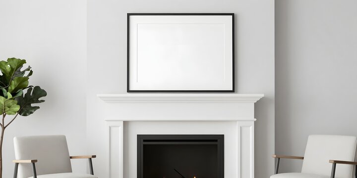 Blank picture frame hangs above a modern fireplace in a living room setting