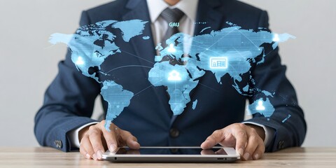 Businessman using tablet displays global network connections and data